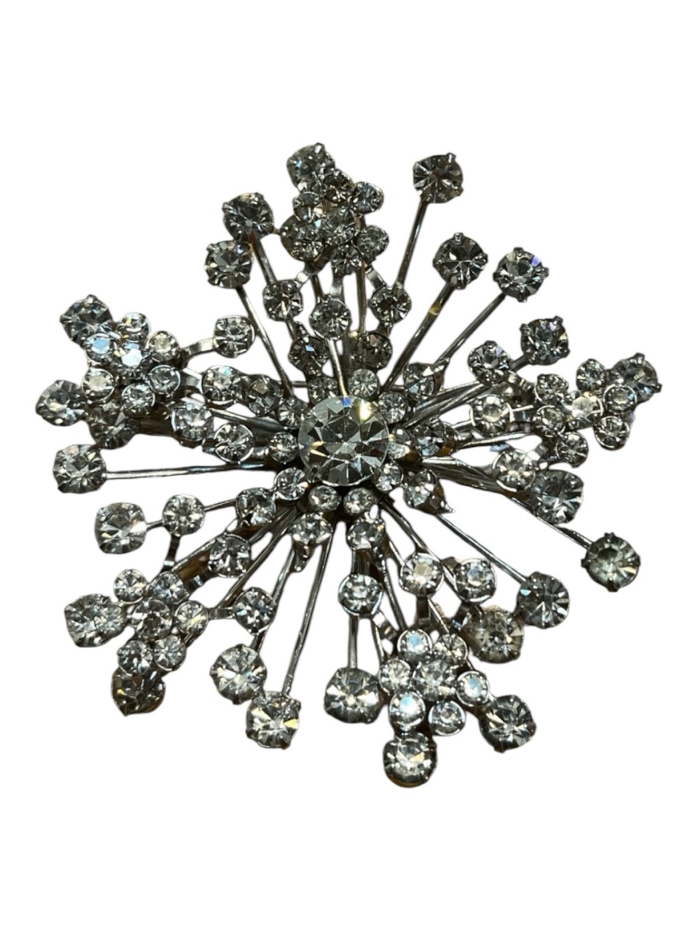 Estate Large Silver Tone Star Burst Clear Rhinestone Brooch